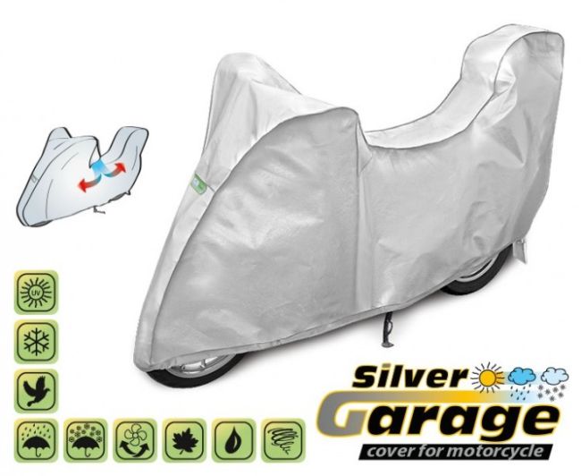 Ochranná Plachta na motorku SILVER GARAGE proti slunci a dešti. D. 215-240 cm + kufr